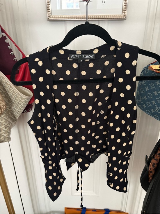 Betsey Johnson Tops - Betsey Johnson Black Vest Top with Cream Polka Dots and Tie-Back